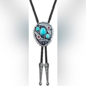 Turquoise Stones Bolo Tie Floral Red Rhinestones 40" Genuine Leather Cord